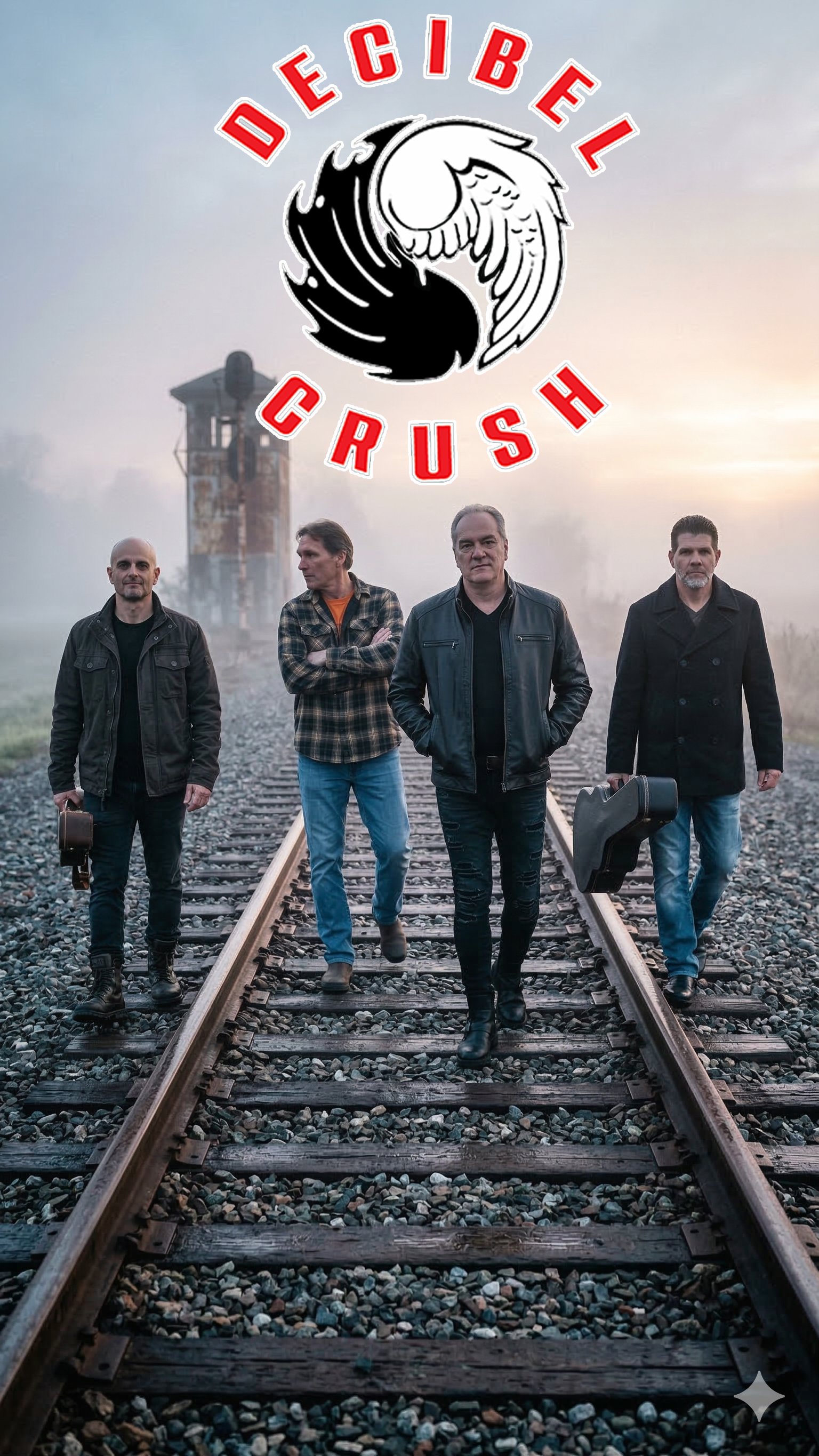 Decibel Crush walking down train tracks at dawn